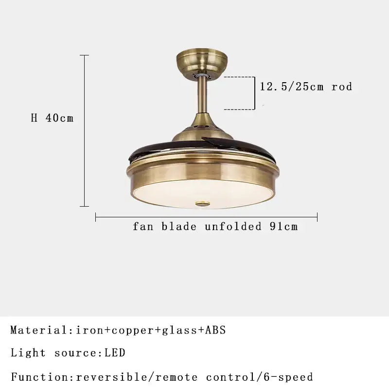 Brushed copper led ceiling fan with remote control featuring brass finish, circular glass shade, and copper accents for living room