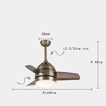 Brass-finished ceiling fan with three dark gray blades and integrated light decorbites brushed copper remote control model