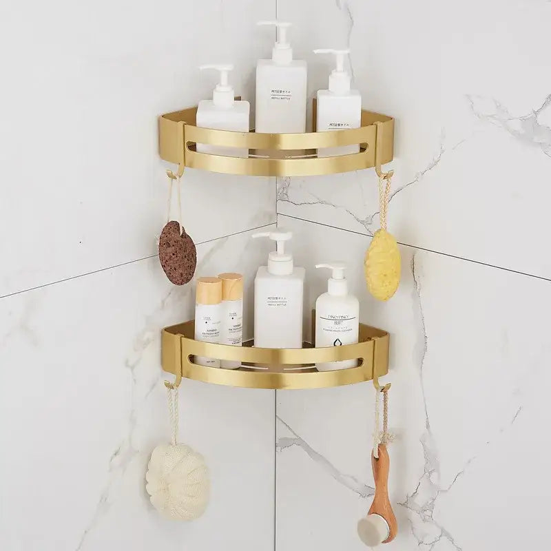 Brushed gold aluminum two tier corner shower shelf with hooks for bathroom organization by decorbites