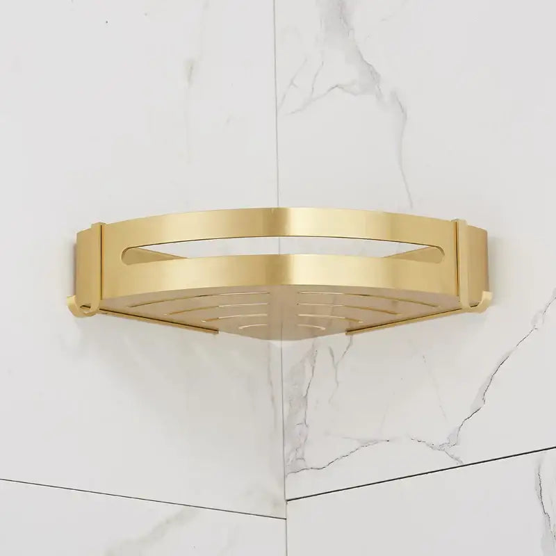 Brushed gold aluminum 2 tier corner shower shelf with hooks featuring a sleek modern design and slatted base by decorbites