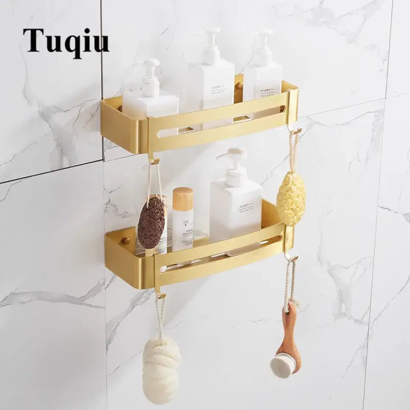 Brushed gold aluminum two-tier corner shower shelf with hooks and sleek metallic finish for bathroom organization