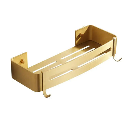 Brushed gold aluminum 2 tier corner shower shelf with slotted sides and hooks for bathroom organization by decorbites