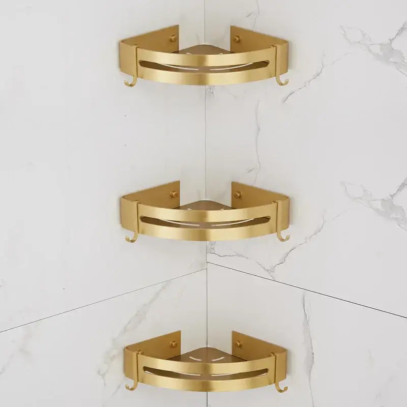 Brushed gold aluminum 2 tier corner shower shelf with hooks featuring minimalist design and sleek metallic finish