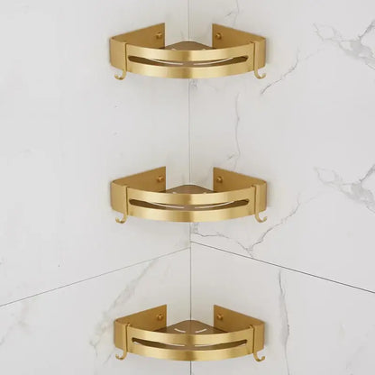 Brushed gold aluminum 2 tier corner shower shelf with hooks featuring minimalist design and sleek metallic finish