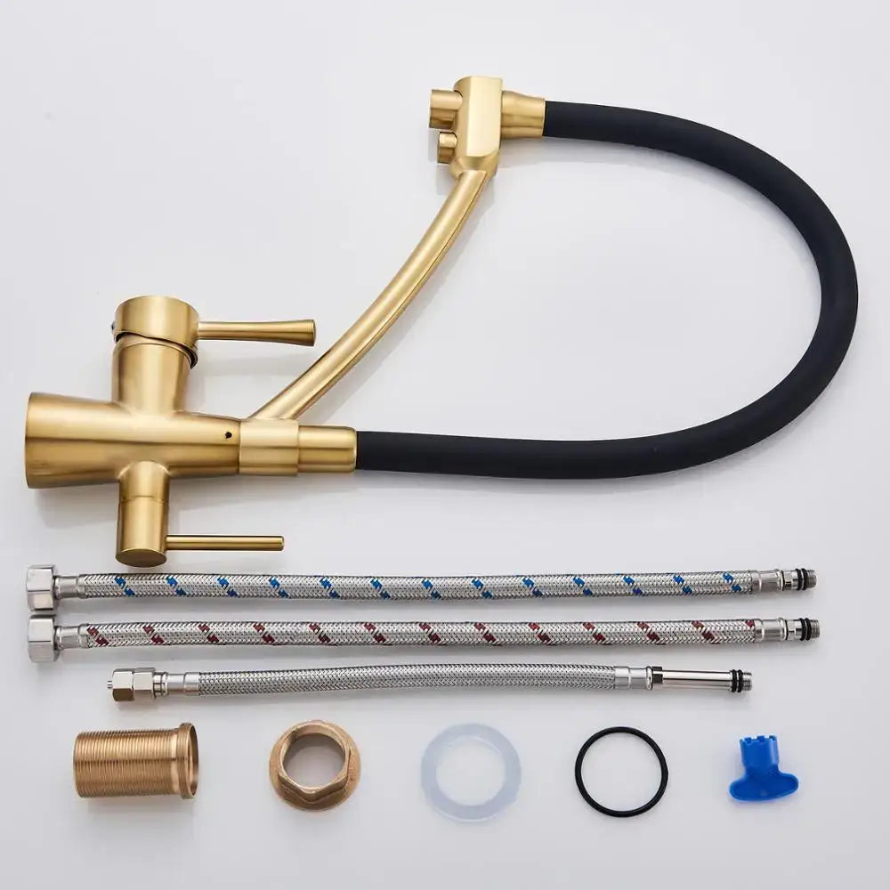 Brushed gold kitchen faucet with dual handles and black flexible hose for modern decorbites brushed gold decor