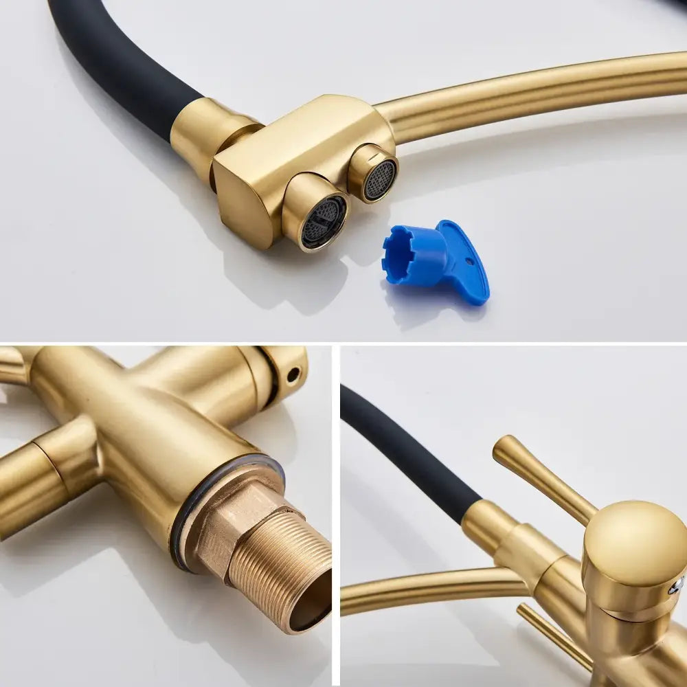 Brushed gold kitchen faucet with dual handles, filter, and two spouts for modern decorbites brushed gold decor