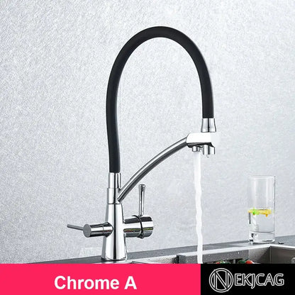 Chrome finished kitchen faucet with flexible black hose dual handles for hot and cold water decorbites brushed gold kitchen accessory