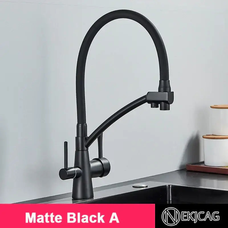 Matte black kitchen faucet with sleek curved spout and dual handles for decorbites brushed gold kitchen decor