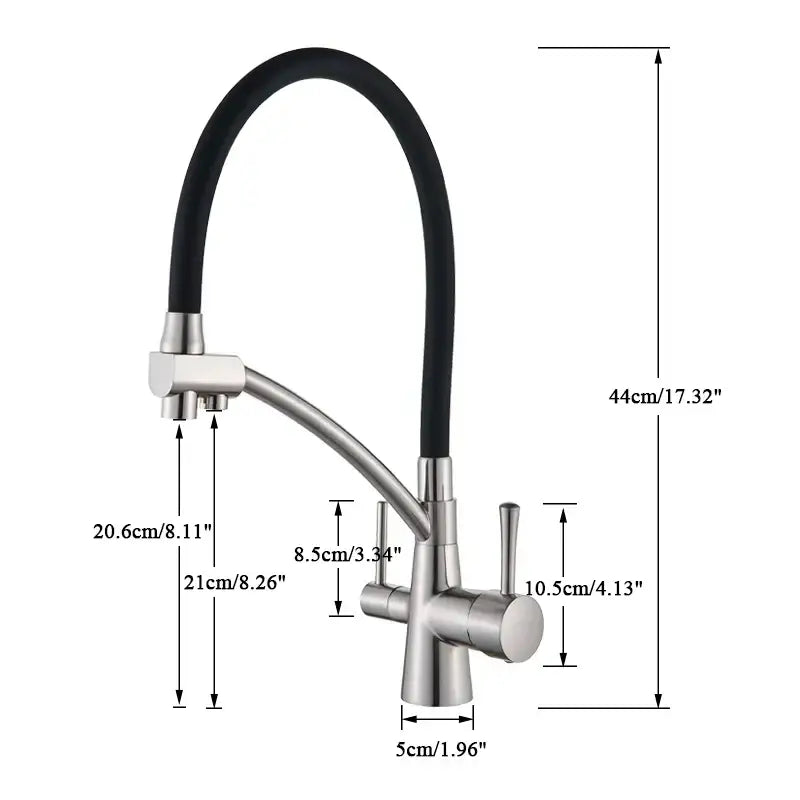Modern stainless steel kitchen faucet with sleek black flexible hose and dual handles from decorbites brushed gold kitchen collection