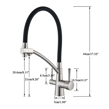 Modern stainless steel kitchen faucet with sleek black flexible hose and dual handles from decorbites brushed gold kitchen collection