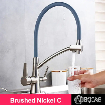 Brushed gold kitchen faucet with dual handles and flexible blue-gray hose in brushed nickel finish by decorbites brushed gold