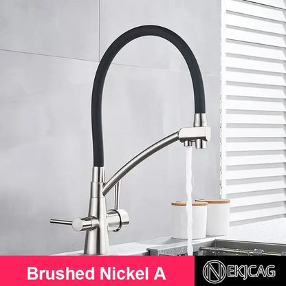 Brushed gold kitchen faucet with dual handles, flexible black rubber hose, and built-in filter by decorbites brushed gold