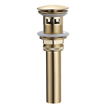 Brushed gold and white ceramic bathroom sink drain assembly kit with gold-toned cylindrical drain assembly kit component