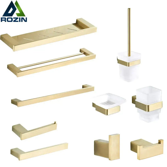 Brushed gold and white stainless steel bathroom accessory set with ceramic accents by decorbites brushed gold finish