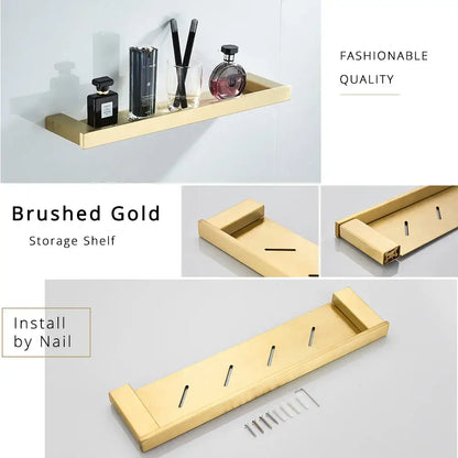 Brushed gold stainless steel storage shelf with four vertical slots in the decorbites brushed gold bathroom accessory set