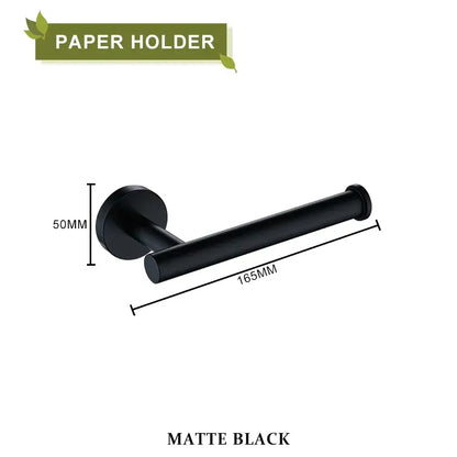 Matte black metal paper holder with sleek modern design in a decorbites brushed gold bathroom accessories set
