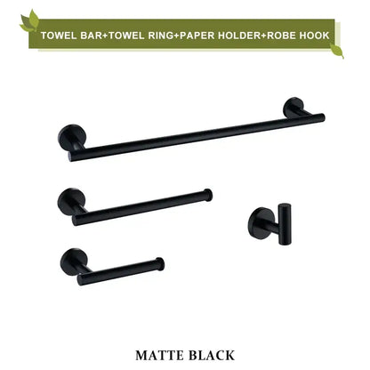 Matte black bathroom hardware set with towel bar, towel ring, paper holder, and robe hook contrasting brushed gold bathroom decorbites accessories