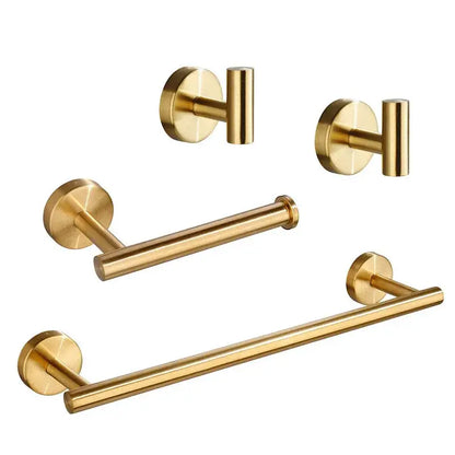 Set of brushed gold stainless steel hardware set including hooks towel rack and toilet paper holder for bathroom use
