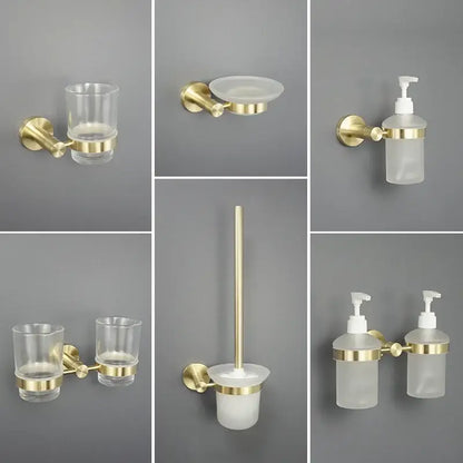 Brushed gold bathroom pendant set featuring wall-mounted towel bar paper holder with frosted glass and clear acrylic components