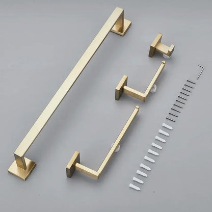 Brushed gold bathroom towel rack set with multi bar shelf hooks and mounting hardware from decorbites