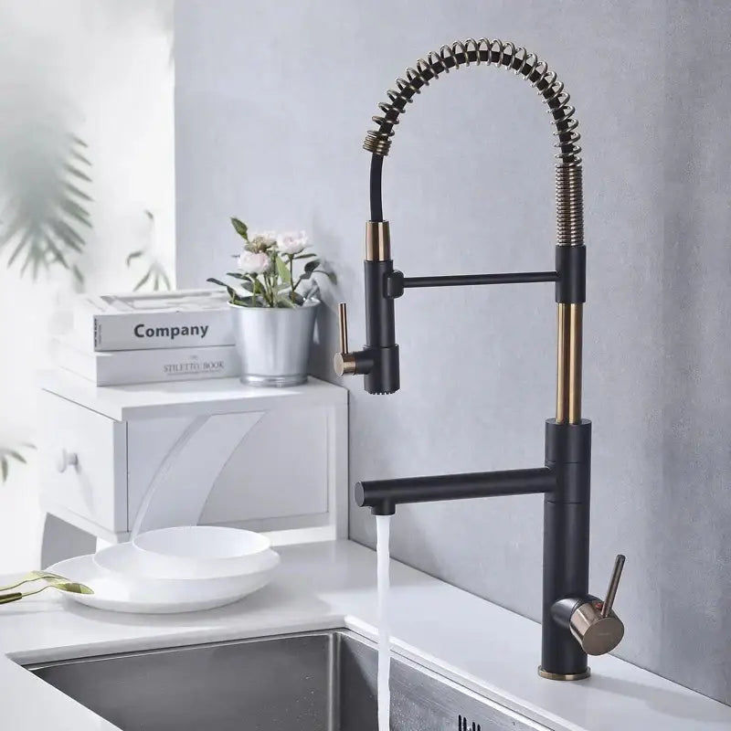 Brushed gold kitchen faucet with black flexible coiled spring spout from decorbites brushed gold collection