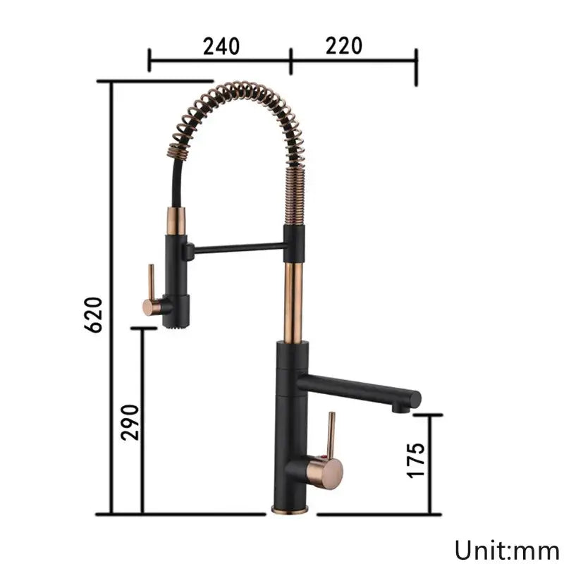 Brushed gold and black kitchen faucet with two handles and flexible coiled gooseneck pull down spout decorbites brushed gold