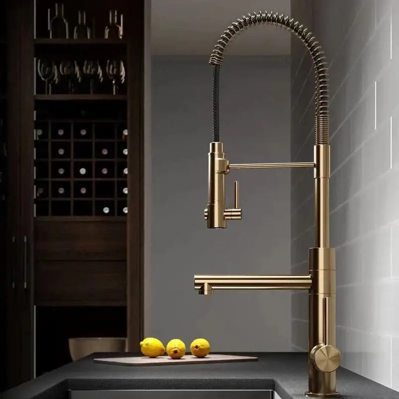 Brushed gold kitchen faucet with flexible coiled gooseneck spout and pull down spray head by decorbites brushed gold
