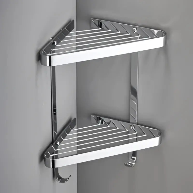 Brushed gold brass bathroom shower rack with chrome-finished two-tier triangular corner shelf and integrated hooks by decorbites