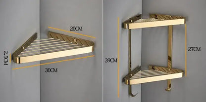 Brushed gold brass bathroom two-tier corner shower rack with hooks and sleek metallic finish for decorbites brass bathroom