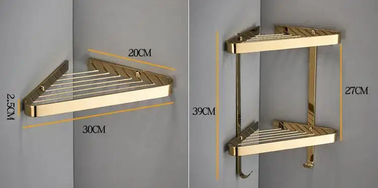 Brushed gold brass bathroom two-tier corner shower rack with hooks and sleek metallic finish for decorbites brass bathroom