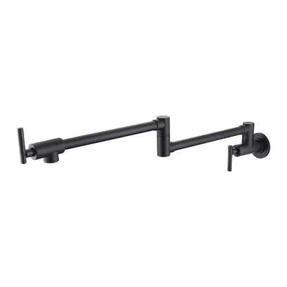 Black matte adjustable pot filler faucet with two t-shaped handles and modern design for kitchen wall mount installation