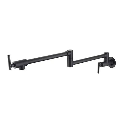 Black matte-finish adjustable pot filler faucet with two handles and modern design for kitchen wall mount use