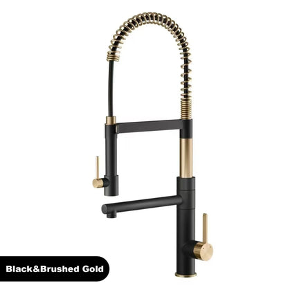 Brushed gold single hole kitchen faucet with black flexible coiled gooseneck spout for vintage island sink mixer