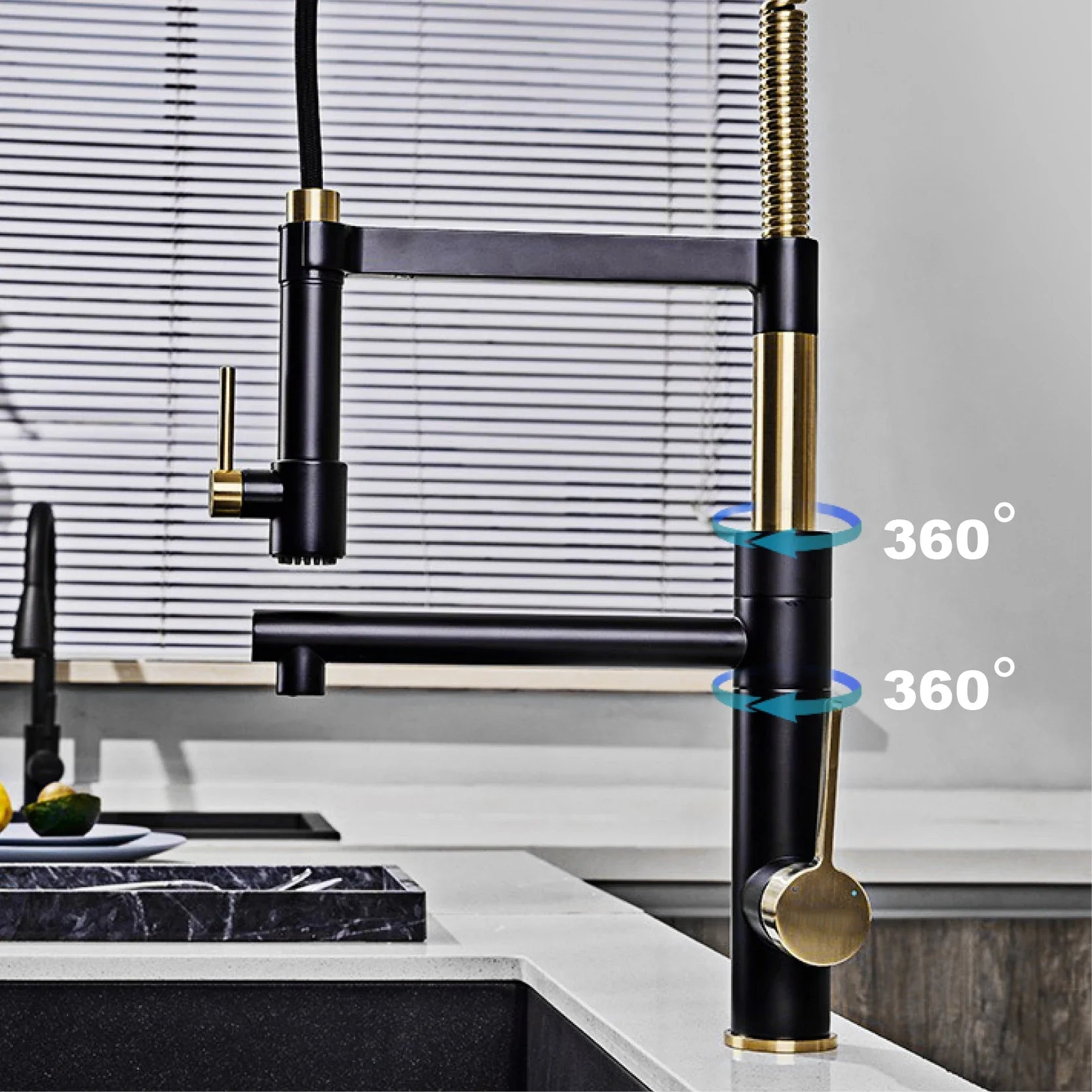 Black and gold brushed gold single hole island kitchen faucet with 360-degree swivel high arc tall spout pull down sprayer