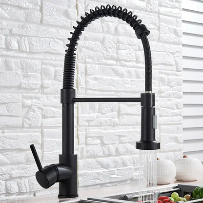 Black matte kitchen faucet with flexible coiled hose and pull-down spray head for versatile kitchen use