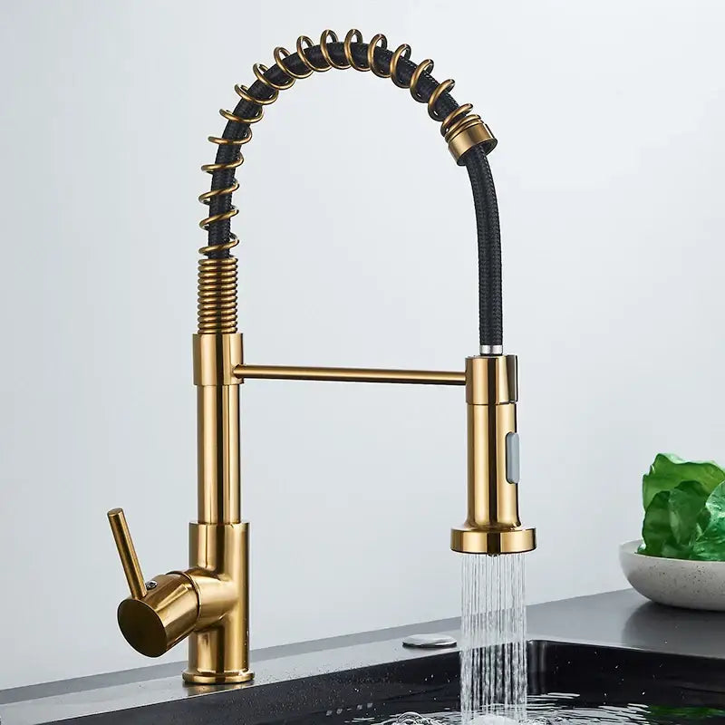Brushed gold kitchen faucet with flexible black coiled spring hose and modern design for versatile kitchen use