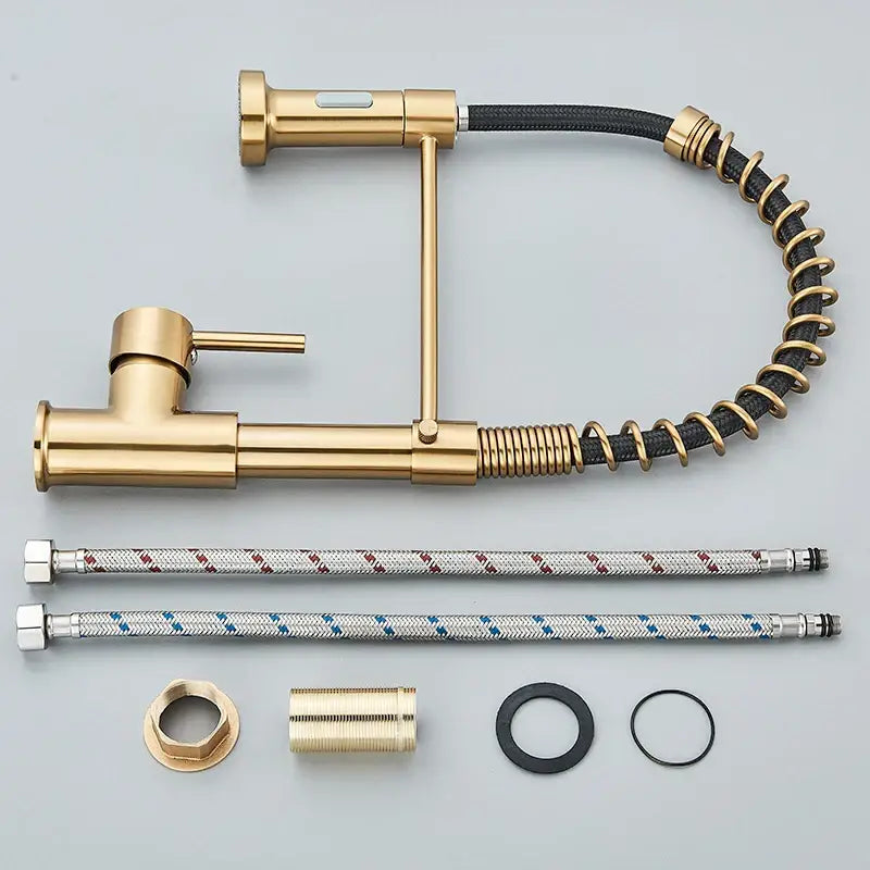Brushed gold kitchen faucet with flexible coiled spring hose and two additional silver and blue braided hoses
