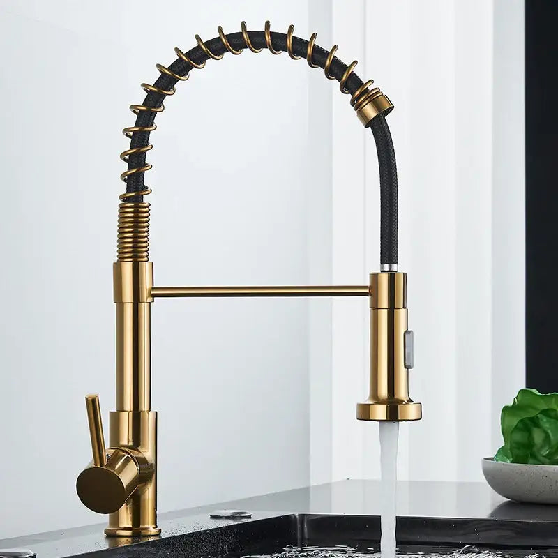Brushed gold kitchen faucet with flexible coiled spring hose and modern design for stylish kitchen use