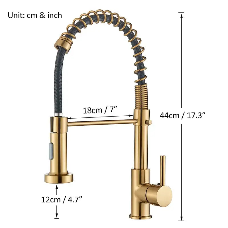 Brushed gold kitchen faucet with flexible coiled spring hose and modern sleek design for efficient use