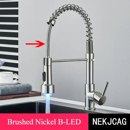 Brushed gold led kitchen faucet with black spring pull down hose and a flexible brushed nickel coiled hose with blue led light