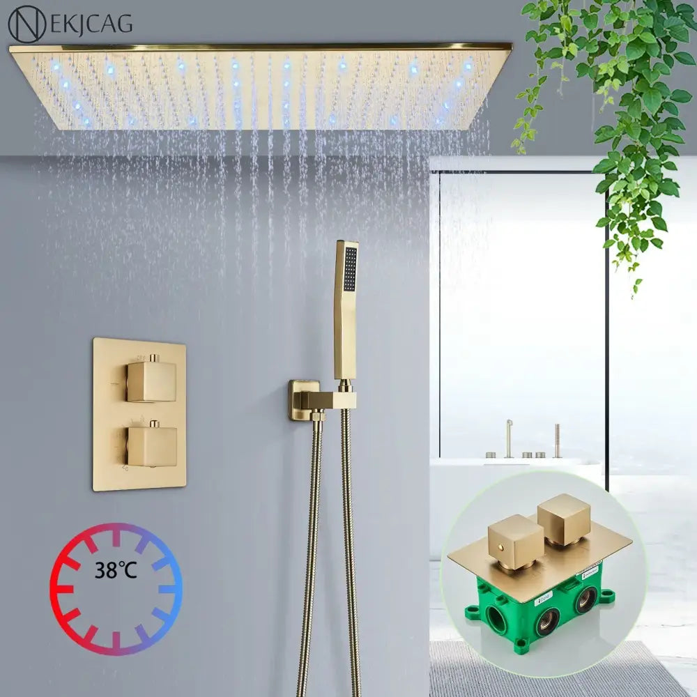 Brushed gold led rainfall shower faucet set featuring a gold-finished rectangular rain shower head and handheld shower