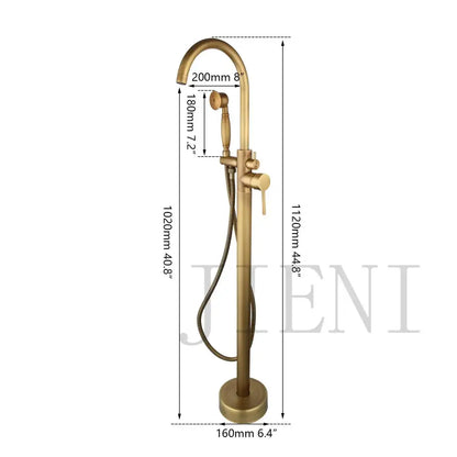 Brass-finished brushed gold mixer roman tub faucet with curved spout and handheld showerhead for bathroom use