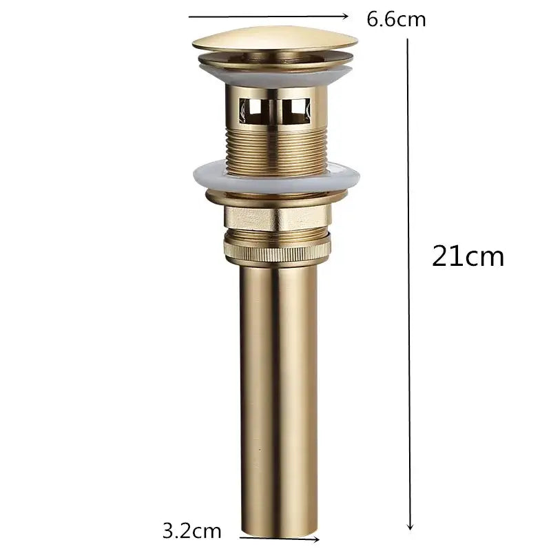 Brushed gold pop-up drain stopper 2-pack featuring gold-colored brass cylindrical bathroom sink drain stopper