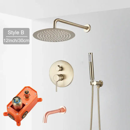 Brushed nickel round showerhead with multiple spray nozzles in a brushed gold rainfall shower faucet set