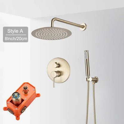 Brass-finished round rainfall shower faucet set with multiple spray nozzles and handheld for bathroom use