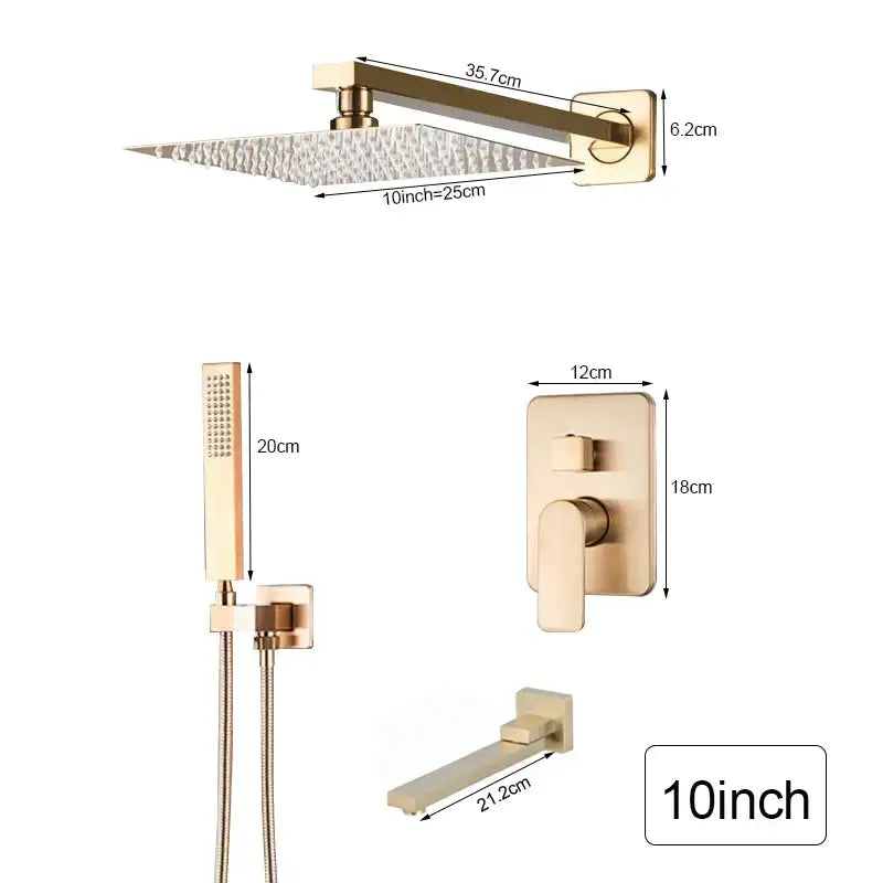 Brushed gold shower faucet with rectangular rainhead handheld sprayer and wall-mounted valve in decorbites brushed gold finish