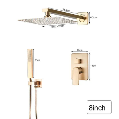Brushed gold shower faucet with gold-toned square rainfall showerhead featuring hammered finish and wall mount decorbites brushed gold