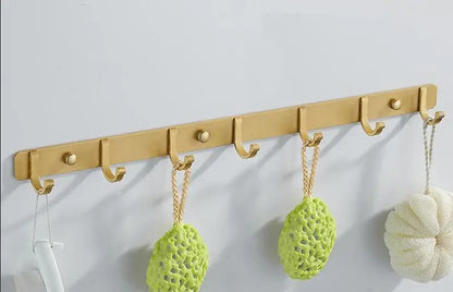 Brushed gold metal wall-mounted robe hooks rack with five hooks by decorbites for kitchen or bathroom organization