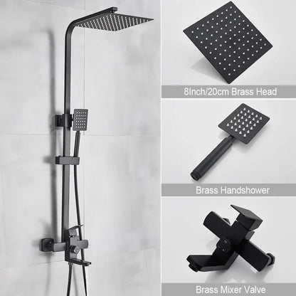 Black matte brass shower mixer with square rainhead handheld spray complementing decorbites brushed gold style