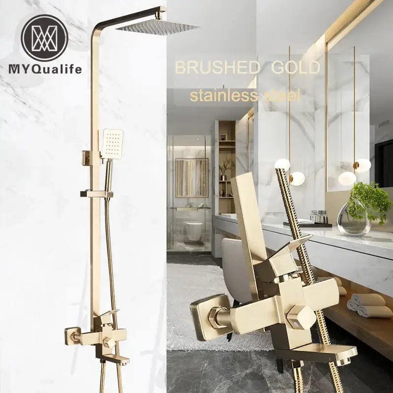 Brushed gold stainless steel shower mixer with square rainfall head and handheld spray by decorbites
